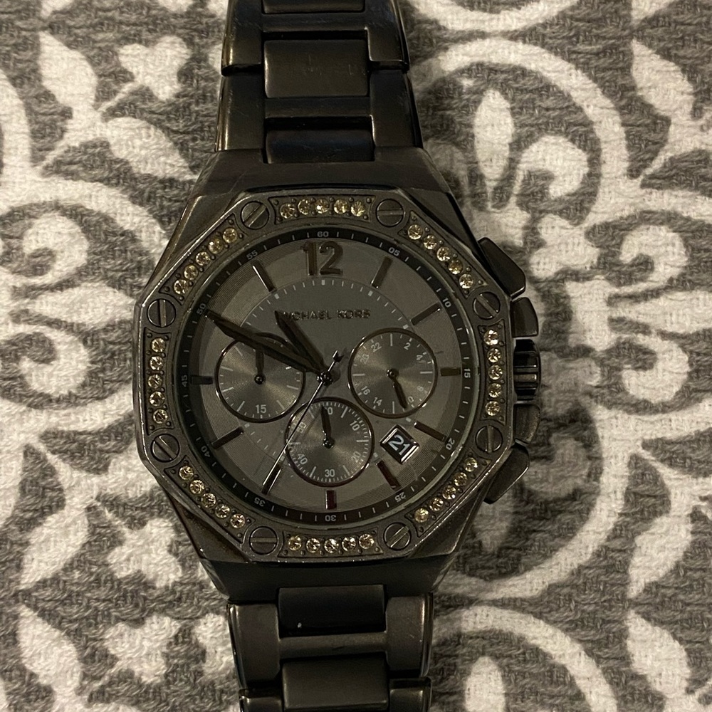 Unique Michael Kors Charcoal/Gunmetal Octagon Watch with rhinestones